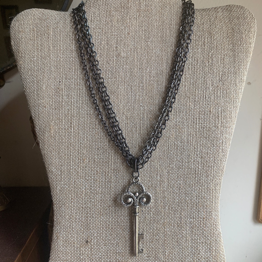 Vintage Silver Tone Key On Gunmetal Triple Chain - Handmade Key Necklace